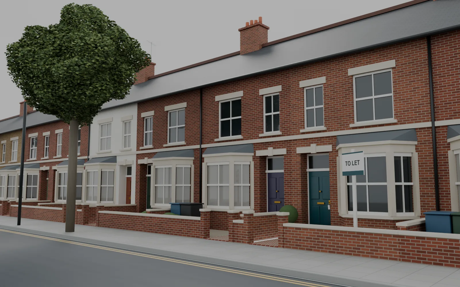 Illustration of a Victorian terraced street on an overcast day, with a To let board outside one house and keys left in its teal front door